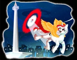 Size: 719x561 | Tagged: safe, artist:tialtri, derpibooru import, oc, oc:sinar bulan indonesia, alicorn, pony, city, cityscape, female, flying, g4 to g5, g5, galaxy, hair tie, image, indonesia, jakarta, mare, night, open mouth, png, solo, speed trail, stars