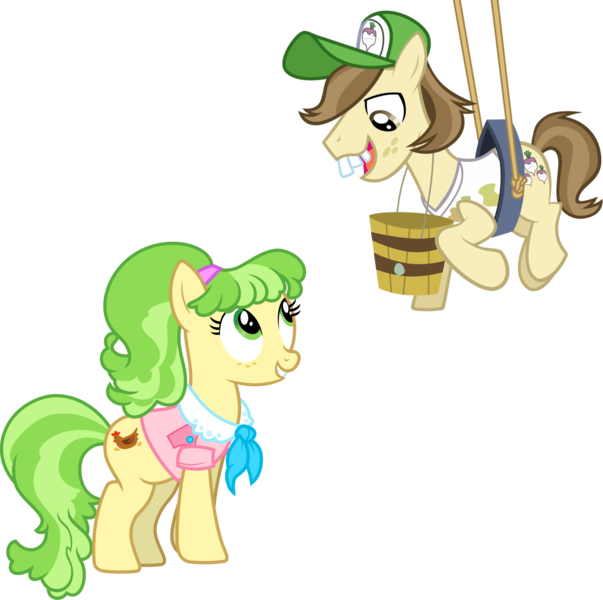 Size: 1359x1353 | Tagged: safe, artist:jeatz-axl, derpibooru import, edit, chickadee, hayseed turnip truck, ms. peachbottom, earth pony, pony, bucket, female, image, male, mare, peachtruck, png, rope, shipping, simple background, straight, transparent background, vector