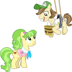 Size: 1359x1353 | Tagged: safe, artist:jeatz-axl, derpibooru import, edit, chickadee, hayseed turnip truck, ms. peachbottom, earth pony, pony, bucket, female, image, male, mare, peachtruck, png, rope, shipping, simple background, straight, transparent background, vector