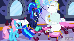 Size: 640x360 | Tagged: safe, derpibooru import, screencap, aloe, bulk biceps, princess luna, alicorn, earth pony, pegasus, pony, between dark and dawn, season 9, spoiler:s09, animated, cute, eyes closed, female, gif, gifs.com, image, lunabetes, male, mare, mouth hold, open mouth, open smile, ponytail, smiling, stallion
