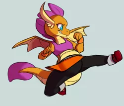 Size: 1200x1020 | Tagged: safe, artist:southdown, derpibooru import, smolder, dragon, boots, clothes, commission, dragoness, female, image, jump kick, kicking, leggings, martial arts, png, shoes, simple background, skirt, smiling, smirk, solo, sports bra, spread wings, wings