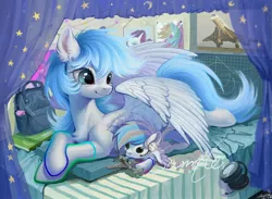 Size: 2163x1579 | Tagged: safe, artist:paipaishuaige, derpibooru import, oc, unofficial characters only, pegasus, pony, backpack, bed, curtains, image, jpeg, obtrusive watermark, plane, smiling, spread wings, watermark, wings