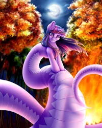 Size: 1280x1600 | Tagged: suggestive, artist:dewdropinn, artist:suspega, derpibooru import, twilight sparkle, lamia, original species, pony, unicorn, bonfire, bulges, fangs, female, fire, food, forest, full moon, image, lamiafied, lip bite, long tail, low angle, mare in the moon, meat, moon, one eye closed, png, ponies eating humans, ponies eating meat, scales, slit pupils, soft vore, solo, species swap, tail, tail bulge, tree, twilamia, unicorn twilight, vore, wind, windswept mane