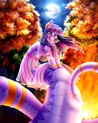 Size: 1280x1600 | Tagged: suggestive, alternate version, artist:dewdropinn, artist:suspega, derpibooru import, twilight sparkle, lamia, original species, pony, unicorn, accessories, bells, bonfire, bulges, chains, fangs, female, fire, food, forest, full moon, gold, image, jewelry, lamiafied, lip bite, long tail, low angle, mare in the moon, meat, moon, one eye closed, png, ponies eating humans, ponies eating meat, scales, silk, slit pupils, soft vore, solo, species swap, tail, tail bulge, tree, twilamia, unicorn twilight, veil, vore, wind, windswept mane
