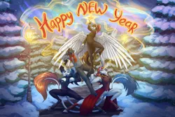 Size: 1400x941 | Tagged: safe, artist:sunny way, derpibooru import, douglas spruce, evergreen, oc, oc:kelesta, oc:kelin, oc:saitudon, oc:sunny way, anthro, horse, pegasus, unicorn, 2022, alacorna, art, artwork, brother and sister, christmas, christmas tree, digital art, equi, equis universe, female, happy, happy new year, happy new year 2022, holiday, horn, image, kelesta, kelin, magic, male, mrsoldat, new year, png, siblings, sisters, smiling, snow, steven saidon, tree, wings, winter