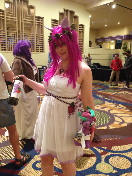 Size: 2121x2828 | Tagged: safe, artist:cinemabrony, derpibooru import, berry punch, berryshine, human, babscon, babscon 2015, bottle, clothes, cosplay, costume, glass bottle, image, irl, irl human, jpeg, photo, plump