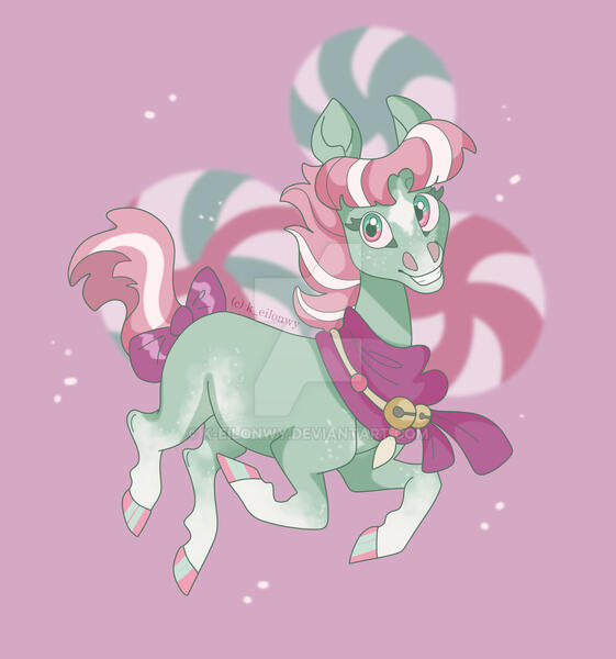 Size: 1920x2052 | Tagged: safe, artist:k-eilonwy, derpibooru import, minty, earth pony, pony, bow, clothes, cutie mark background, deviantart watermark, female, image, jpeg, looking at you, mare, obtrusive watermark, scarf, smiling, smiling at you, solo, tail, tail bow, watermark