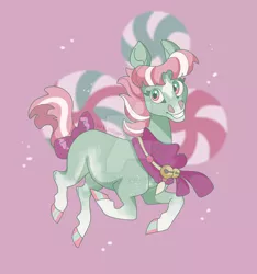 Size: 1920x2052 | Tagged: safe, artist:k-eilonwy, derpibooru import, minty, earth pony, pony, bow, clothes, cutie mark background, deviantart watermark, female, image, jpeg, looking at you, mare, obtrusive watermark, scarf, smiling, smiling at you, solo, tail, tail bow, watermark