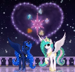 Size: 2430x2340 | Tagged: safe, artist:xodok, derpibooru import, princess celestia, princess luna, alicorn, pony, series:ponyashnost, cutie mark, heart, horn, image, jewelry, jpeg, magic, night, stars, tiara, wings