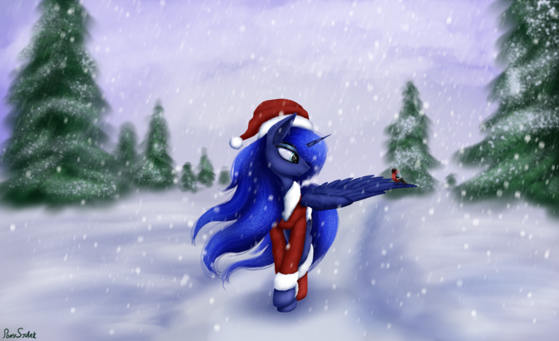 Size: 6802x4149 | Tagged: safe, artist:pony-stark, derpibooru import, princess luna, alicorn, bird, pony, christmas, clothes, costume, female, hat, holiday, image, mare, png, santa costume, santa hat, snow, solo, spread wings, wings, winter