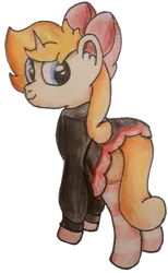 Size: 1990x3221 | Tagged: safe, artist:pastelsplash, derpibooru import, oc, oc:finnian, unofficial characters only, pony, unicorn, derpibooru community collaboration, 2022 community collab, bow, clothes, femboy, hair bow, hoodie, image, looking at you, looking back, looking back at you, male, png, simple background, skirt, socks, traditional art, transparent background