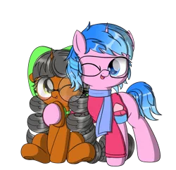 Size: 2112x2048 | Tagged: safe, artist:neige de printdemps, derpibooru import, oc, oc:neige de printdemps, oc:starlight siten, unofficial characters only, pony, unicorn, derpibooru community collaboration, 2022 community collab, blushing, clothes, female, horn, hug, image, male, open mouth, png, scarf, simple background, smiling, unicorn oc