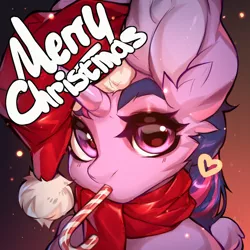 Size: 1280x1280 | Tagged: safe, artist:minekoo2, derpibooru import, twilight sparkle, twilight sparkle (alicorn), alicorn, pony, candy, candy cane, christmas, digital art, female, food, hat, holiday, horn, image, jpeg, looking at you, mare, santa hat, solo, wings