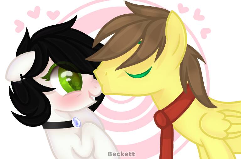 Size: 768x509 | Tagged: safe, artist:plinckyctt, derpibooru import, oc, unofficial characters only, earth pony, pegasus, pony, abstract background, blushing, bust, choker, duo, earth pony oc, female, image, jpeg, kissing, male, mare, necktie, oc x oc, pegasus oc, shipping, stallion, wings