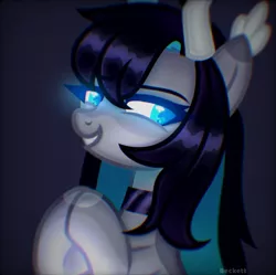 Size: 768x764 | Tagged: safe, artist:plinckyctt, derpibooru import, oc, unofficial characters only, pony, bust, choker, dark background, female, grin, hooves together, image, jpeg, mare, smiling, solo