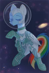 Size: 1000x1500 | Tagged: safe, artist:plinckyctt, derpibooru import, rainbow dash, pegasus, pony, astronaut, eyes closed, female, image, jupiter, mare, outdoors, png, solo, space, space helmet, spacesuit, wings