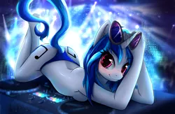 Size: 1272x831 | Tagged: suggestive, artist:hellcat120, derpibooru import, vinyl scratch, anthro, plantigrade anthro, unicorn, ass, blushing, breasts, busty vinyl scratch, butt, clothes, detailed background, digital art, female, horn, image, jpeg, looking at you, panties, partial nudity, pose, smiling, smiling at you, solo, sunglasses, tail, thighs, topless, underwear, wide hips