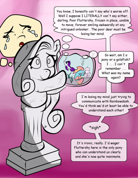 Size: 2975x3850 | Tagged: safe, artist:hipper reed, derpibooru import, idw, fluttershy, fish, cosmageddon, fishified, image, inanimate tf, png, rainbow fish, rarifish, species swap, spoiler comic, statue, transformation