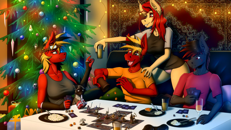 Size: 2000x1125 | Tagged: suggestive, artist:twotail813, derpibooru import, oc, oc:gear, oc:nightsun, oc:twotail, oc:xarxe blackhoof, unofficial characters only, anthro, bat pony, cat, pegasus, :3, board game, breasts, brother and sister, christmas, christmas lights, christmas tree, clothes, female, food, happy new year, happy new year 2022, holiday, image, male, new year, panties, png, siblings, tree, underwear, wingless, wingless anthro
