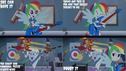 Size: 1280x720 | Tagged: safe, derpibooru import, edit, edited screencap, editor:quoterific, screencap, rainbow dash, trixie, equestria girls, guitar centered, rainbow rocks, clothes, cute, cutie mark, cutie mark on clothes, electric guitar, eyes closed, female, guitar, hairpin, image, jacket, jpeg, musical instrument, open mouth, open smile, smiling, spread wings, wings