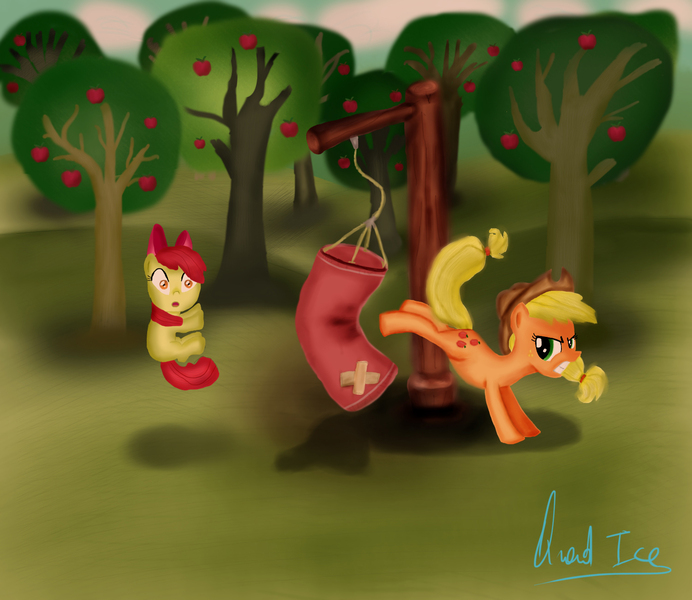 Size: 1500x1300 | Tagged: safe, artist:quadice, derpibooru import, apple bloom, applejack, earth pony, pony, apple, apple tree, female, filly, foal, food, image, jpeg, mare, punching bag, training, tree