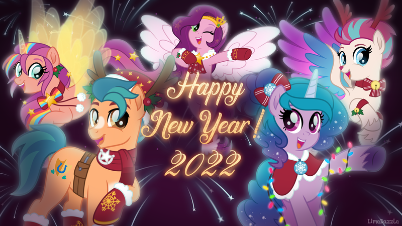 Size: 3840x2160 | Tagged: safe, artist:limedazzle, derpibooru import, hitch trailblazer, izzy moonbow, pipp petals, sunny starscout, zipp storm, alicorn, earth pony, pegasus, pony, unicorn, my little pony: a new generation, artificial horn, artificial wings, augmented, g5, happy new year 2022, horn, image, magic, magic horn, magic wings, mane five (g5), png, sunnycorn, wings