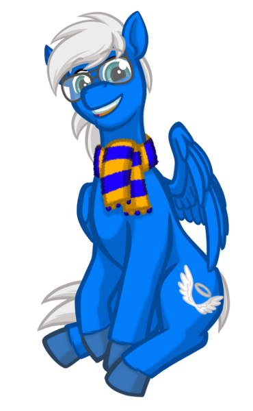 Size: 996x1616 | Tagged: safe, artist:texasuberalles, derpibooru import, oc, oc:silver seraph, unofficial characters only, pegasus, pony, derpibooru community collaboration, 2022 community collab, clothes, colored hooves, glasses, image, male, one wing out, png, scarf, simple background, sitting, smiling, solo, stallion, transparent background, wings