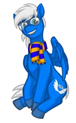 Size: 996x1616 | Tagged: safe, artist:texasuberalles, derpibooru import, oc, oc:silver seraph, unofficial characters only, pegasus, pony, derpibooru community collaboration, 2022 community collab, clothes, colored hooves, glasses, image, male, one wing out, png, scarf, simple background, sitting, smiling, solo, stallion, transparent background, wings