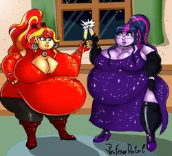 Size: 1000x907 | Tagged: suggestive, artist:professordoctorc, derpibooru import, sci-twi, sunset shimmer, twilight sparkle, equestria girls, alcohol, alternate hairstyle, bbw, belly, big belly, boob window, boots, breasts, busty sunset shimmer, busty twilight sparkle, champagne, clothes, cutie mark accessory, evening dress, evening gloves, fat, female, gloves, huge belly, image, impossibly large belly, lesbian, long gloves, morbidly obese, obese, png, scitwishimmer, shipping, shoes, socks, ssbbw, stockings, sunsetsparkle, thigh highs, wine