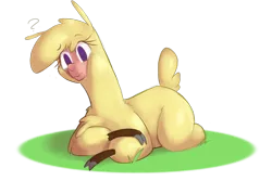 Size: 2028x1352 | Tagged: safe, artist:hitsuji, derpibooru import, alpaca, them's fightin' herds, cloven hooves, community related, head tilt, image, on stomach, paprika (tfh), png, question mark, simple background, solo, transparent background
