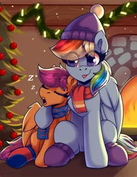 Size: 1750x2250 | Tagged: safe, artist:shadowreindeer, derpibooru import, rainbow dash, scootaloo, pegasus, pony, christmas, christmas tree, clothes, cute, dashabetes, duo, duo female, female, filly, fire, fireplace, foal, happy new year, holiday, image, jpeg, mare, onomatopoeia, scarf, scootalove, sound effects, tongue out, tree, zzz