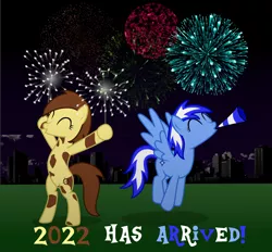 Size: 7000x6500 | Tagged: safe, artist:strategypony, derpibooru import, oc, oc:sandy sweet, oc:sirius, unofficial characters only, earth pony, pegasus, pony, 2022, absurd file size, absurd resolution, celebration, earth pony oc, eyes closed, fireworks, happy new year, happy new year 2022, holiday, horn, image, jumping, mottled coat, new year, night, pegasus oc, png, simple background, tail, text, transparent background, two toned mane, two toned tail, wings