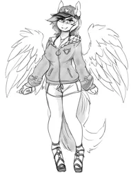 Size: 2274x3000 | Tagged: safe, artist:replica, derpibooru import, oc, oc:array, unofficial characters only, anthro, pegasus, unguligrade anthro, cap, clothes, doodle, female, glasses, hat, holding, image, jacket, jpeg, lidded eyes, looking at you, mobile phone, monochrome, phone, shorts, simple background, sketch, smartphone, smiling, solo, spread wings, white background, wings