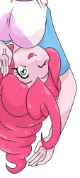 Size: 581x1280 | Tagged: safe, artist:batipin, derpibooru import, part of a set, pinkie pie, equestria girls, breasts, image, looking at you, one eye closed, open mouth, png, simple background, transparent background, upside down