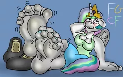 Size: 831x524 | Tagged: suggestive, artist:coolfruits, derpibooru import, princess celestia, anthro, clothes, feet, fetish, foot fetish, high heels, image, png, shoes, shoes removed, smelly feet, soles, toes, wiggling toes