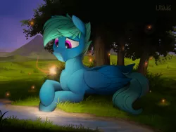 Size: 3500x2631 | Tagged: safe, artist:uliovka, derpibooru import, oc, oc:supermoix, butterfly, insect, pegasus, pony, high res, image, male, png, scenery, stallion, tree, wings