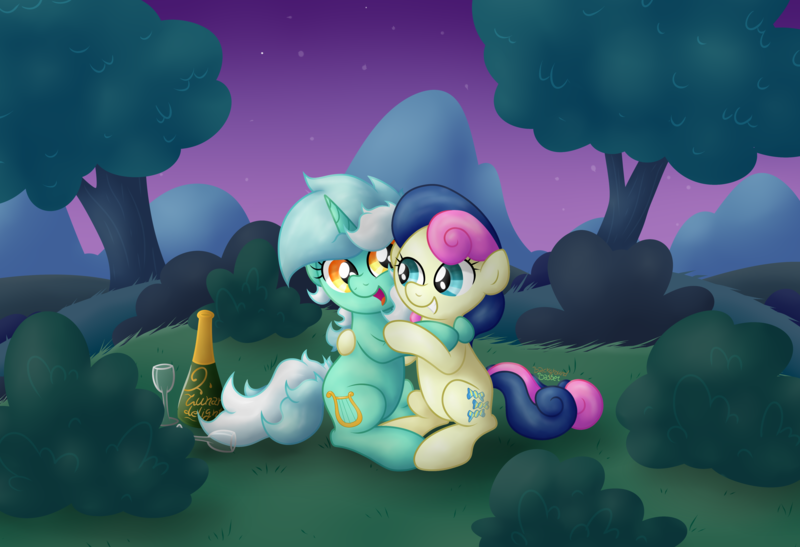 Size: 4922x3368 | Tagged: safe, artist:background basset, derpibooru import, bon bon, lyra heartstrings, sweetie drops, earth pony, pony, unicorn, adorabon, bottle, cute, duo, duo female, female, glass, happy, hug, image, lesbian, lyrabetes, lyrabon, night, png, shipping