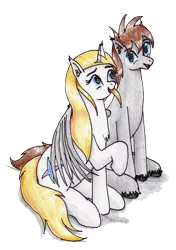 Size: 2336x3324 | Tagged: safe, artist:40kponyguy, derpibooru import, editor:nightshadowmlp, oc, oc:jezza, oc:tecuro, pegasus, pony, unicorn, background edit, background removed, chest fluff, couple, cute, derpibooru exclusive, duo, ear fluff, female, hug, image, looking at each other, looking at someone, male, mare, png, raised hoof, simple background, stallion, traditional art, transparent background, unshorn fetlocks, winghug, wings
