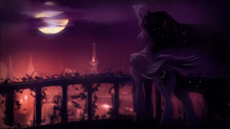 Size: 1278x719 | Tagged: dead source, safe, artist:noben, princess luna, alicorn, pony, canterlot, city, city lights, cityscape, cloud, cloudy, ethereal mane, image, jpeg, moon, night, solo