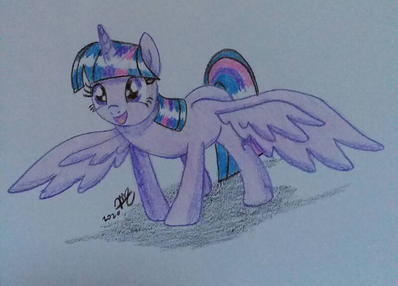 Size: 1224x880 | Tagged: safe, artist:prinrue, derpibooru import, twilight sparkle, twilight sparkle (alicorn), alicorn, pony, female, happy, image, jpeg, mare, shadow, smiling, solo, spread wings, traditional art, wings