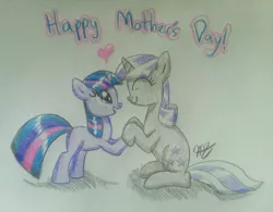 Size: 1280x1000 | Tagged: safe, artist:prinrue, derpibooru import, twilight sparkle, twilight velvet, pony, unicorn, duo, duo female, female, filly, filly twilight sparkle, foal, image, jpeg, mare, mother and child, mother and daughter, mother's day, traditional art, unicorn twilight, younger