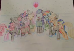 Size: 1604x1119 | Tagged: safe, artist:prinrue, derpibooru import, applejack, fluttershy, pinkie pie, rainbow dash, rarity, twilight sparkle, twilight sparkle (alicorn), alicorn, earth pony, pegasus, pony, unicorn, applejack's hat, caroling, christmas, clothes, cowboy hat, earmuffs, female, fire of friendship, glow, glowing horn, hat, holiday, horn, image, jacket, jpeg, magic, mane six, mare, snow, stetson, sweater, traditional art, winter clothes, winter outfit