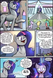 Size: 1920x2816 | Tagged: safe, artist:shieltar, derpibooru import, part of a set, rainbow dash, twilight sparkle, oc, pony, unicorn, comic:giant twilight, bigger than a planet, building, comic, cute, dialogue, ethereal mane, female, giant pony, giant twilight sparkle, giantess, high res, image, jpeg, macro, mare, open mouth, part of a series, signature, size difference, twiabetes, unicorn twilight