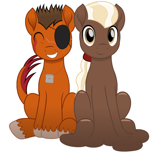 Size: 1886x1886 | Tagged: safe, artist:badumsquish, derpibooru import, oc, oc:chocolate medley, oc:rustback, unofficial characters only, goo, goo pony, monster pony, original species, tatzlpony, derpibooru community collaboration, my little pony: the movie, 2022 community collab, bashful, buzz cut, chocolate, derpibooru exclusive, dog tags, duo, eyepatch, eyes closed, food, grin, image, looking at you, male, melting, not chocolate, png, ponytail, scar, shiny, side by side, simple background, sitting, smiling, style emulation, transparent background, unshorn fetlocks