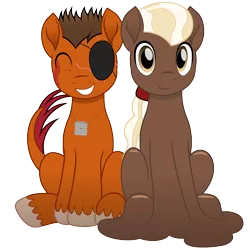 Size: 1886x1886 | Tagged: safe, artist:badumsquish, derpibooru import, oc, oc:chocolate medley, oc:rustback, unofficial characters only, goo, goo pony, monster pony, original species, tatzlpony, derpibooru community collaboration, my little pony: the movie, 2022 community collab, bashful, buzz cut, chocolate, derpibooru exclusive, dog tags, duo, eyepatch, eyes closed, food, grin, image, looking at you, male, melting, not chocolate, png, ponytail, scar, shiny, side by side, simple background, sitting, smiling, style emulation, transparent background, unshorn fetlocks