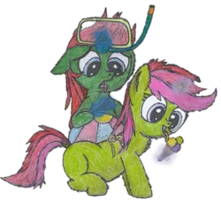 Size: 1093x1001 | Tagged: safe, artist:vovi, derpibooru import, oc, oc:plum virgin sentry, oc:void virgin sparkles, unofficial characters only, pony, unicorn, derpibooru community collaboration, 2022 community collab, brother and sister, colt, diving goggles, dock, female, filly, foal, food, happy, ice cream, image, male, png, siblings, simple background, sitting, summer, transparent background, unhappy