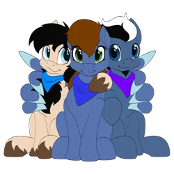 Size: 555x555 | Tagged: safe, artist:miniferu, derpibooru import, oc, oc:chug-a-lug, oc:pat thundersnow, oc:patty thundersnow, oc:urmi charpstin, unofficial characters only, earth pony, pegasus, pony, derpibooru community collaboration, 2022 community collab, chest fluff, colored wings, colored wingtips, facial hair, female, hug, image, male, neckerchief, png, simple background, transparent background, trio, unshorn fetlocks, wings