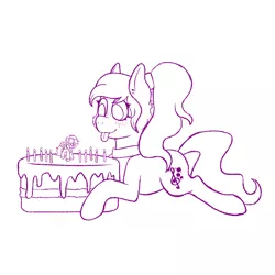 Size: 3000x3000 | Tagged: safe, artist:raspy, derpibooru import, rainbow dash, oc, oc:violet ray, unofficial characters only, earth pony, pony, cake, candle, choker, cutie mark, figurine, food, frosting, hairband, image, jpeg, lying down, monochrome, on stomach, simple background, sketch, solo, sparkles, tongue out