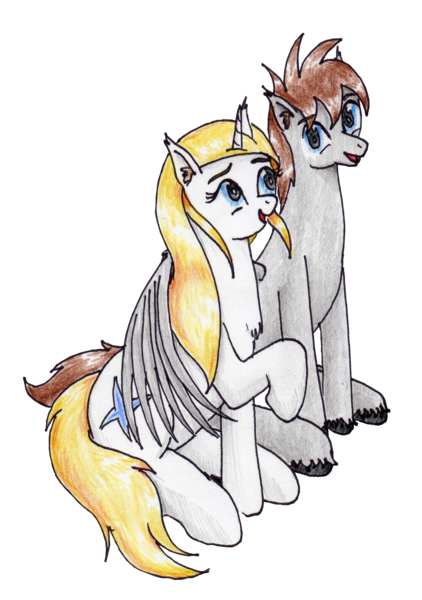 Size: 2336x3324 | Tagged: safe, artist:40kponyguy, derpibooru import, editor:darkhooves, oc, oc:jezza, oc:tecuro, pegasus, pony, unicorn, derpibooru community collaboration, 2022 community collab, background removed, chest fluff, couple, cute, derpibooru exclusive, ear fluff, female, hug, image, looking at each other, looking at someone, male, mare, png, raised hoof, simple background, stallion, traditional art, transparent background, unshorn fetlocks, winghug, wings