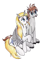 Size: 2336x3324 | Tagged: safe, artist:40kponyguy, derpibooru import, editor:darkhooves, oc, oc:jezza, oc:tecuro, pegasus, pony, unicorn, derpibooru community collaboration, 2022 community collab, background removed, chest fluff, couple, cute, derpibooru exclusive, ear fluff, female, hug, image, looking at each other, looking at someone, male, mare, png, raised hoof, simple background, stallion, traditional art, transparent background, unshorn fetlocks, winghug, wings